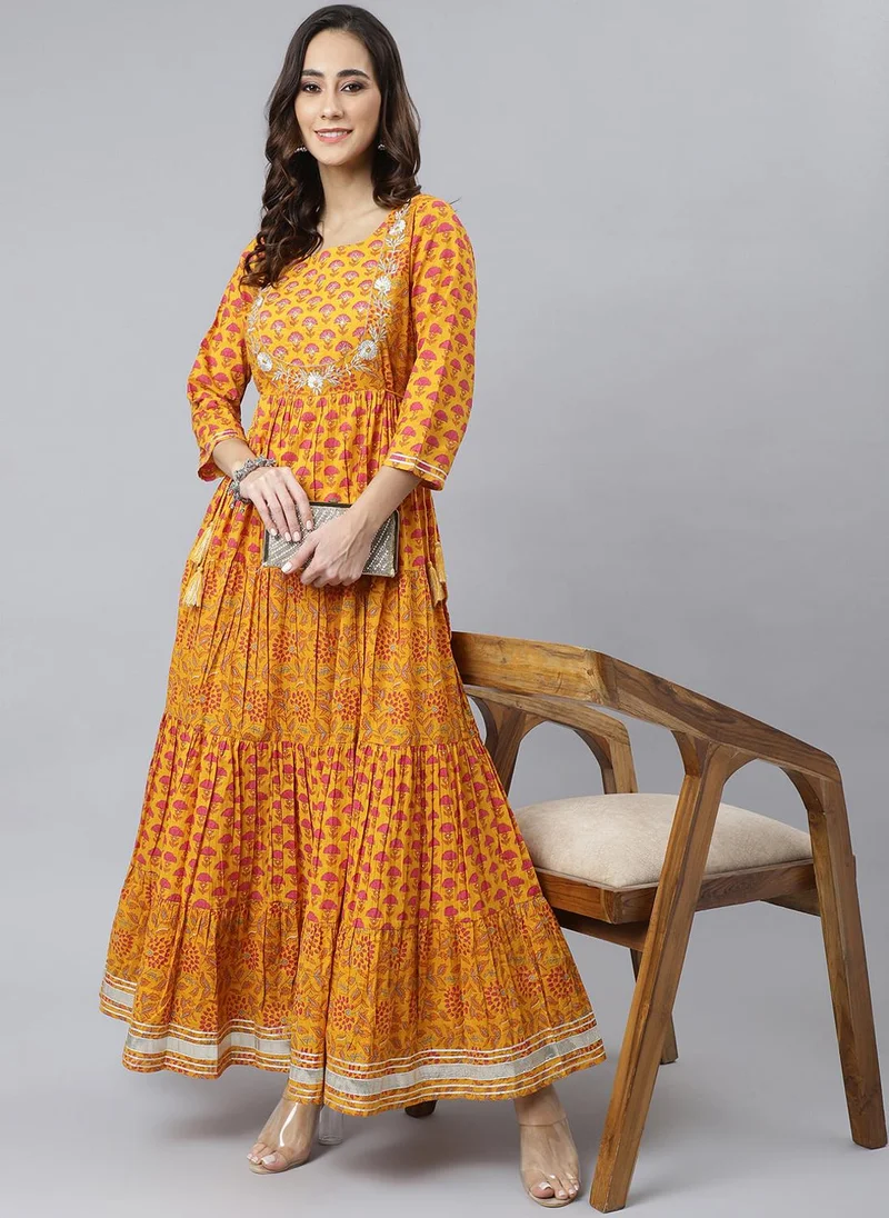 ZERESOUQ Mustard Cotton Floral Print Flared Kurta